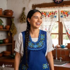 Blue Mexican Embroidered Smock Apron – Floral Traditional Design